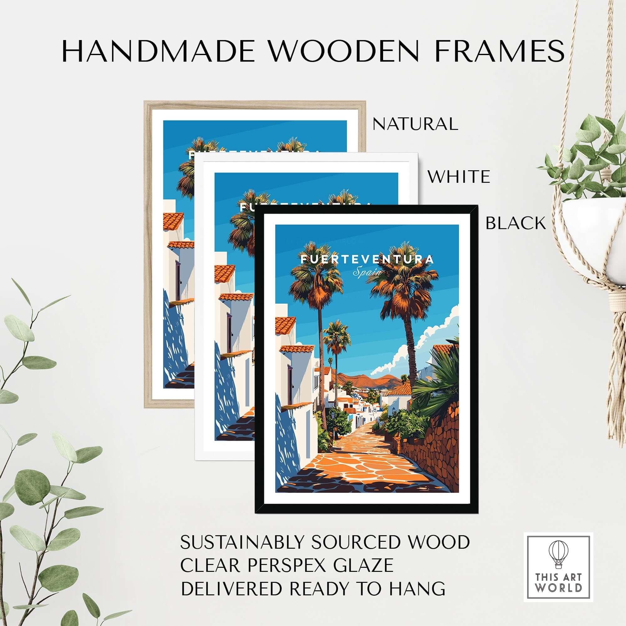 Fuerteventura Print Canary Islands Spain framed in natural, white, and black handmade wooden frames.