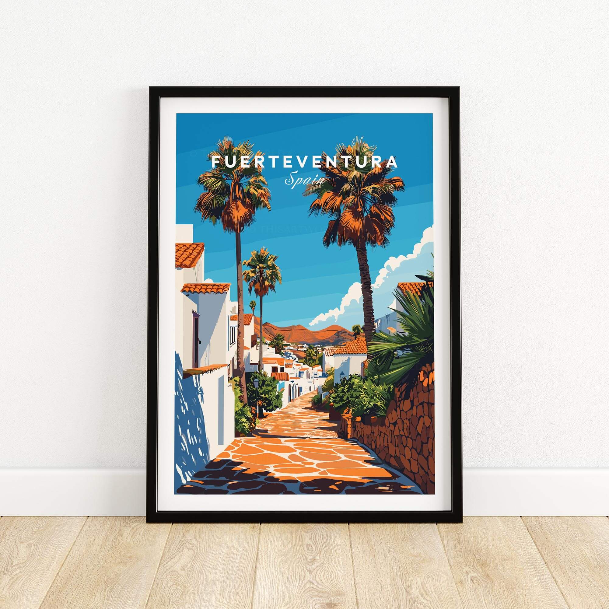 Fuerteventura Print Canary Islands Spain vibrant street scene with palm trees in Spain