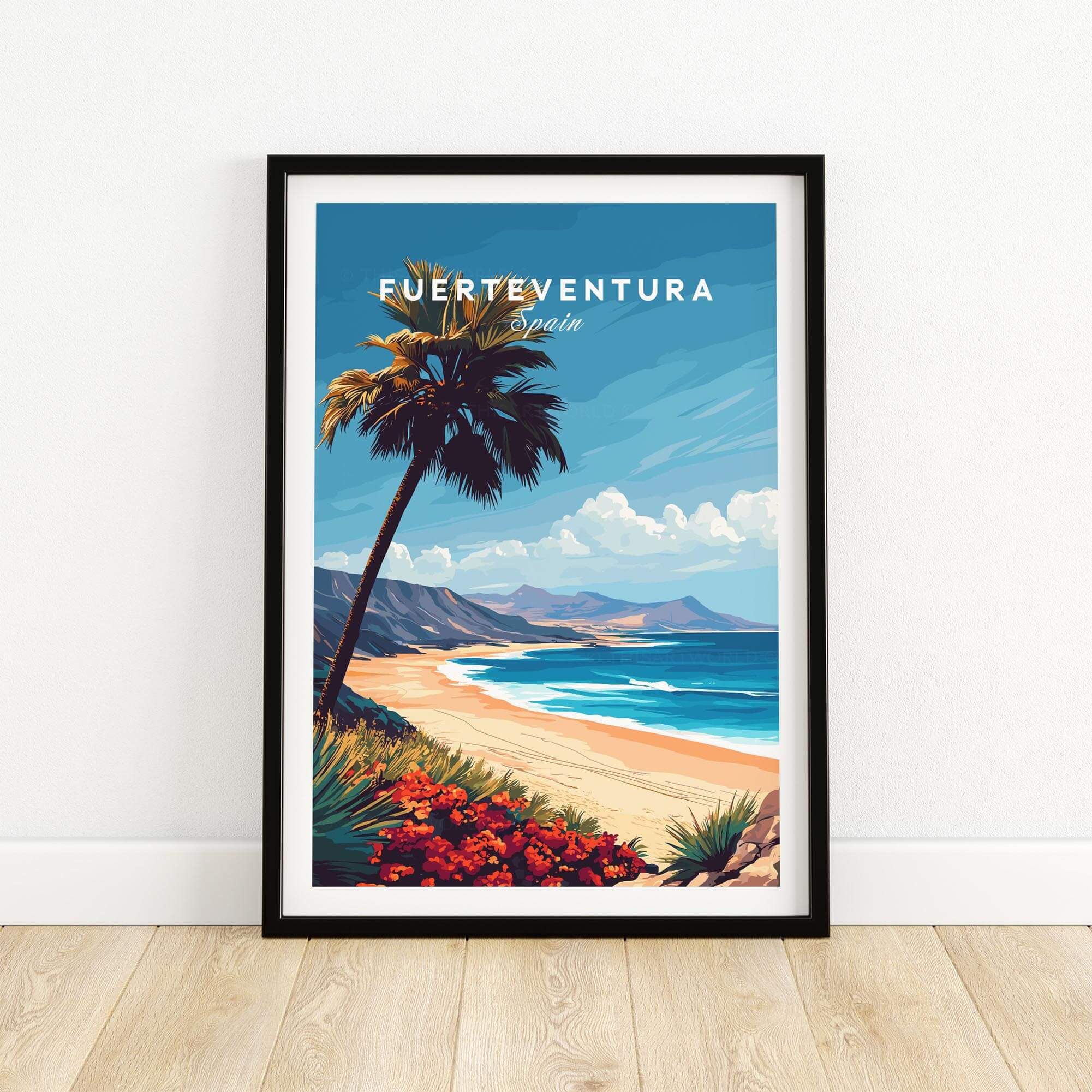 Fuerteventura Print featuring a vibrant beach scene in Spain with palm trees and coastline.