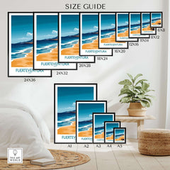 Fuerteventura Travel Poster size guide showing various dimensions and stunning beach artwork.