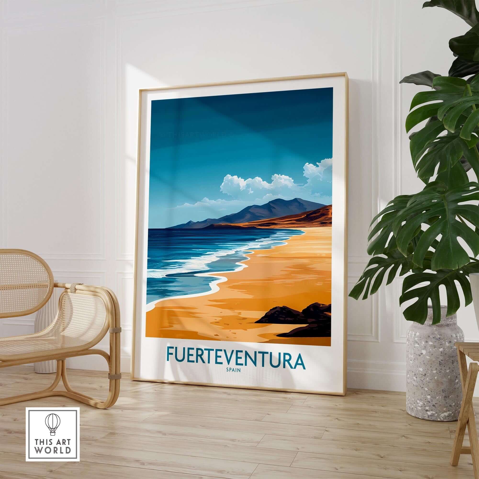 Fuerteventura Travel Poster showcasing the beautiful beaches of Fuerteventura, Spain in a stylish interior setting.