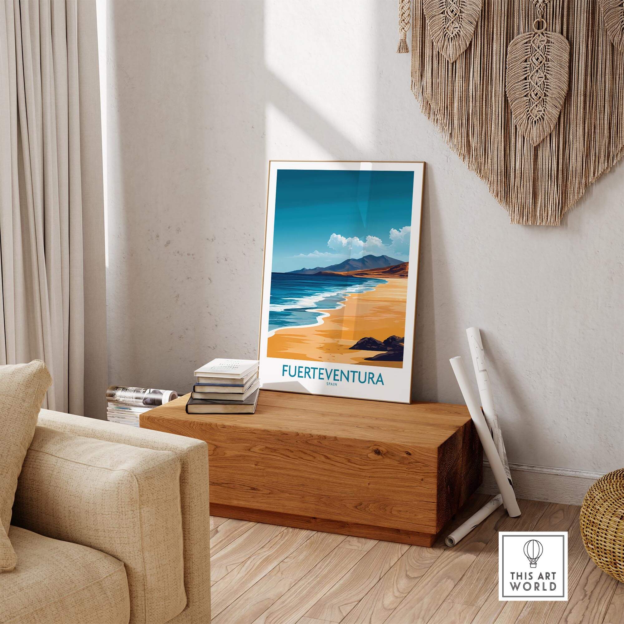 Fuerteventura Travel Poster showcasing beautiful beaches in a stylish room setting, adding a touch of paradise to home decor.