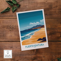 Fuerteventura Travel Poster showcasing the beautiful beaches of Fuerteventura, Spain, in vibrant colors.