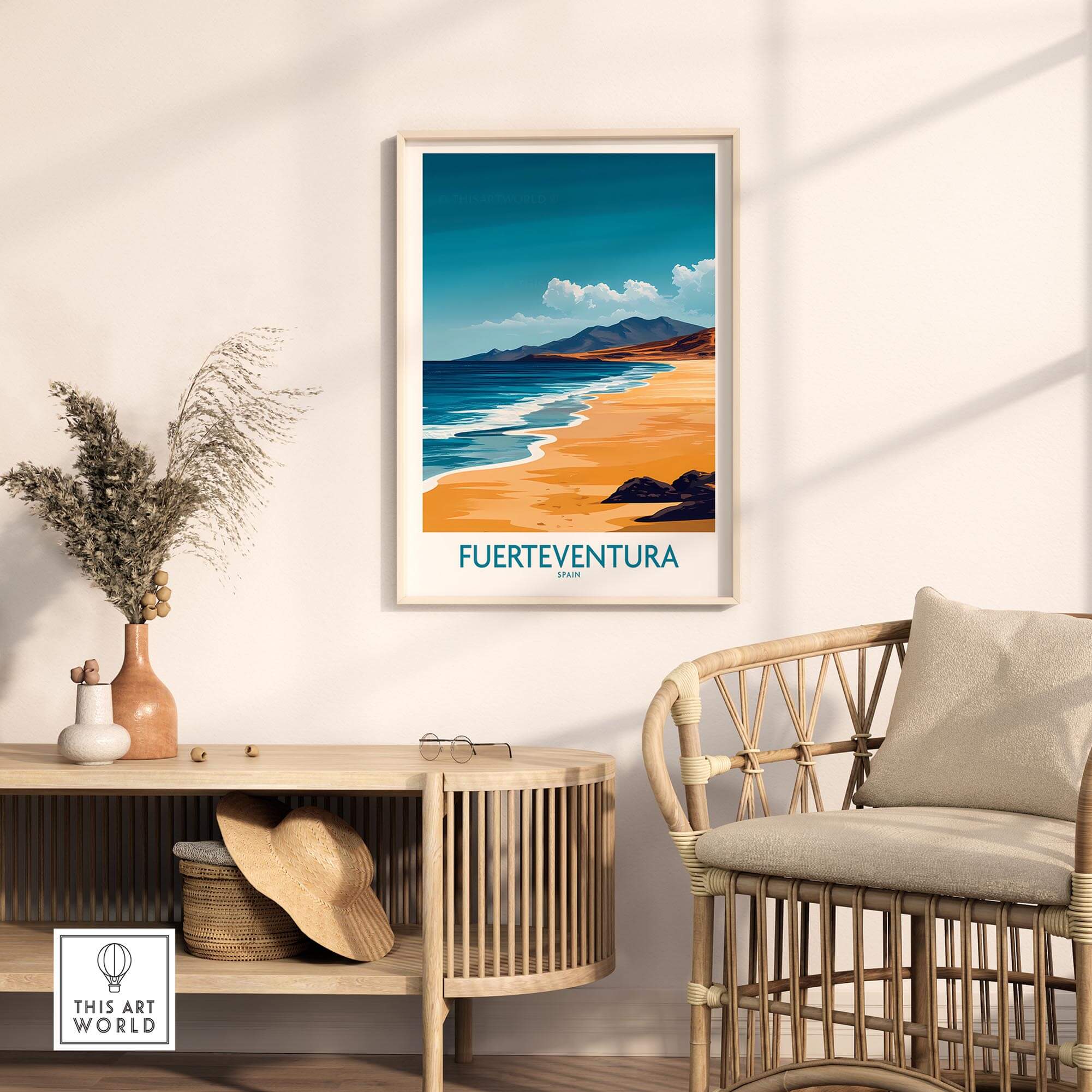 Fuerteventura Travel Poster showcasing the stunning beaches of Fuerteventura, perfect wall art for paradise vibes.