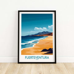 Fuerteventura Travel Poster featuring beautiful beaches and mountains from the Canary Islands, Spain.