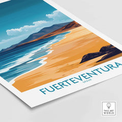 Fuerteventura Travel Poster featuring stunning beaches and mountains of Spain's Canary Islands.