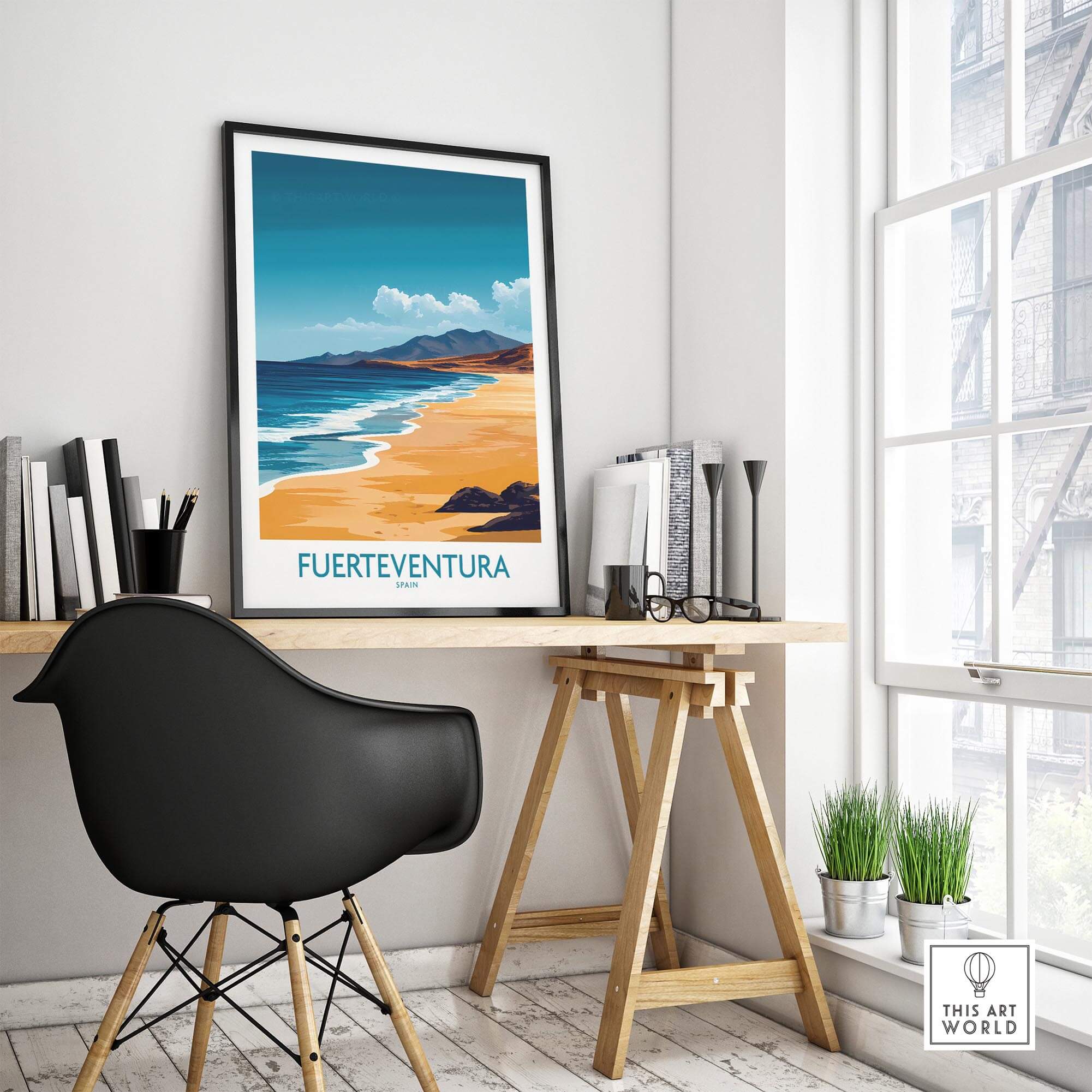 Fuerteventura Travel Poster showcasing beautiful beaches in a stylish interior setting with a modern desk.