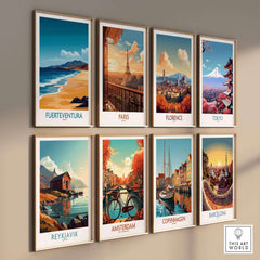 Fuerteventura Travel Poster and other city travel posters displayed on a wall, showcasing picturesque artwork.