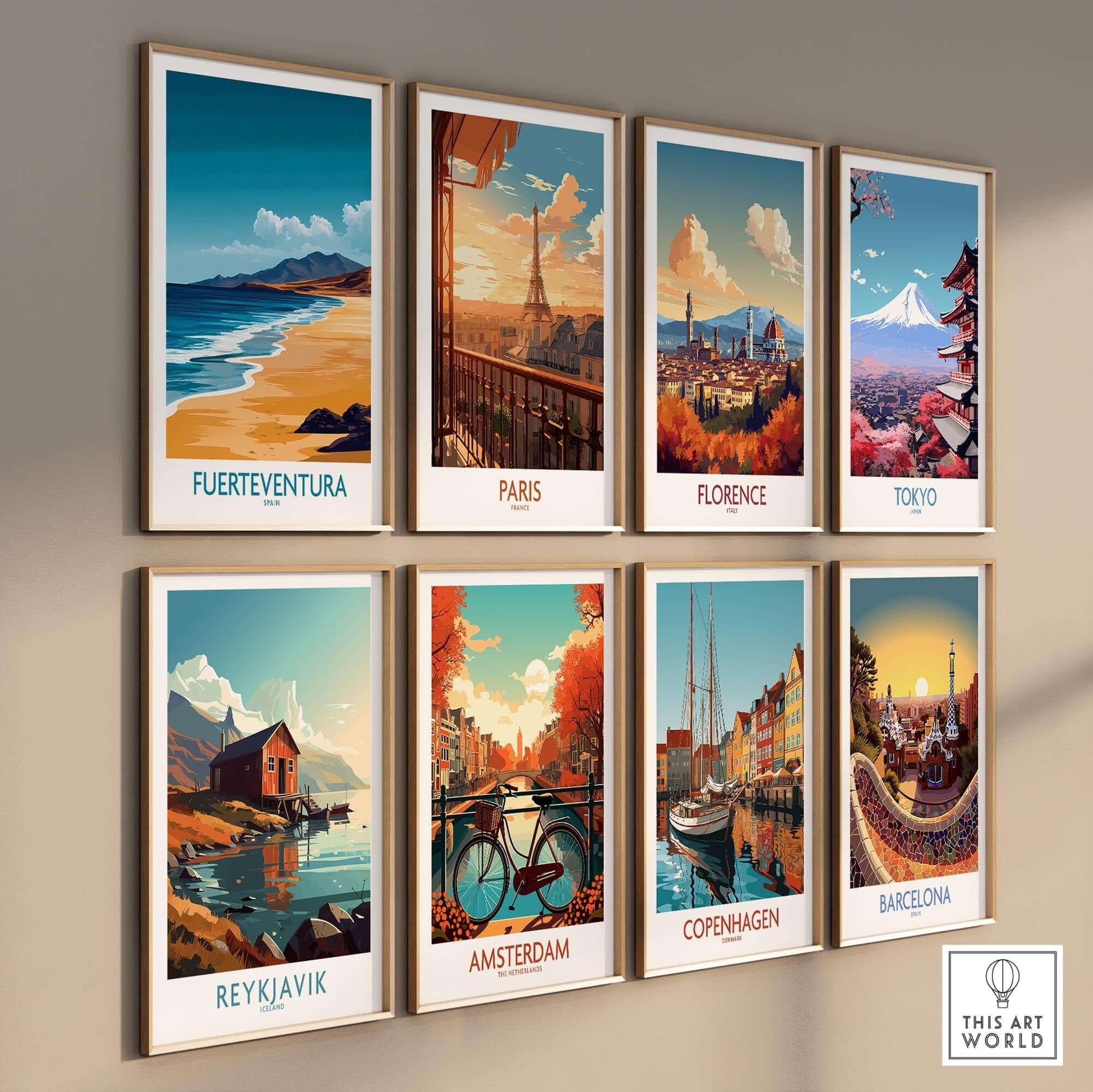 Fuerteventura Travel Poster and other city travel posters displayed on a wall, showcasing picturesque artwork.