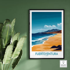 Fuerteventura Travel Poster showcasing beautiful beaches and mountains of Fuerteventura in the Canary Islands.