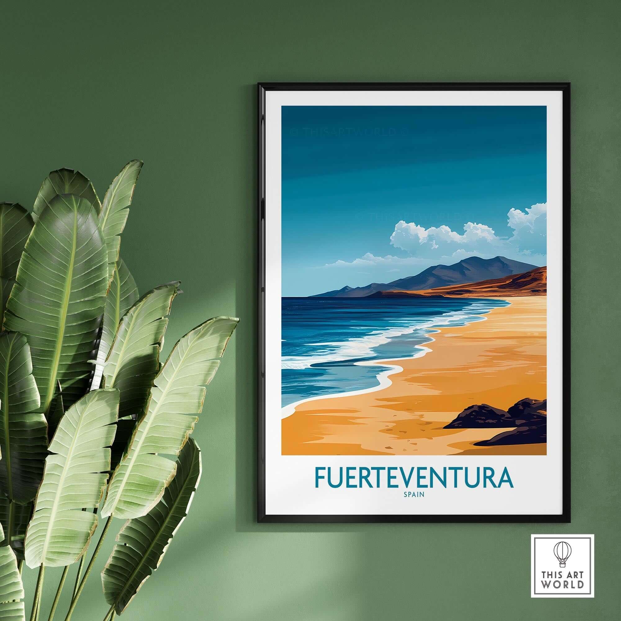 Fuerteventura Travel Poster showcasing beautiful beaches and mountains of Fuerteventura in the Canary Islands.