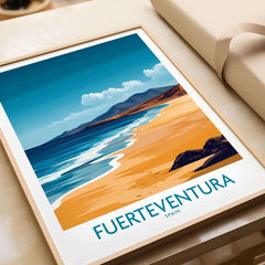 Fuerteventura Travel Poster showcasing beautiful beach scenery of Fuerteventura, Spain, perfect for wall art.