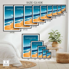 Fuerteventura Travel Print size guide with various frame sizes displayed in a stylish room setting.