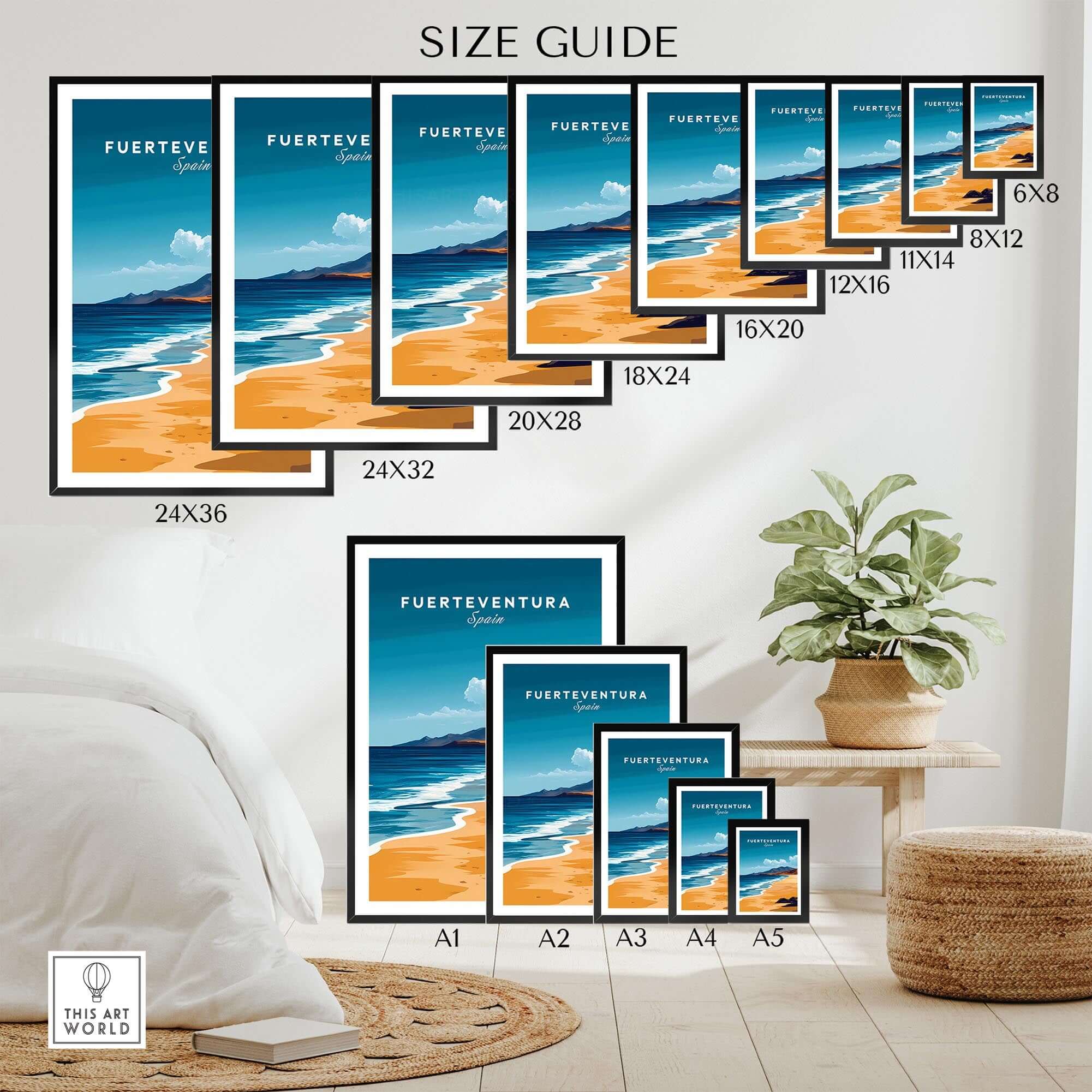 Fuerteventura Travel Print size guide with various frame sizes displayed in a stylish room setting.