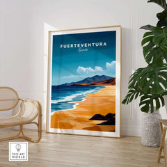 Fuerteventura Travel Print showcasing vibrant beach scene with mountains, perfect wall art for travel enthusiasts.