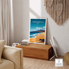 Fuerteventura Travel Print showcasing vibrant beaches of Spain in a stylish living room setting.