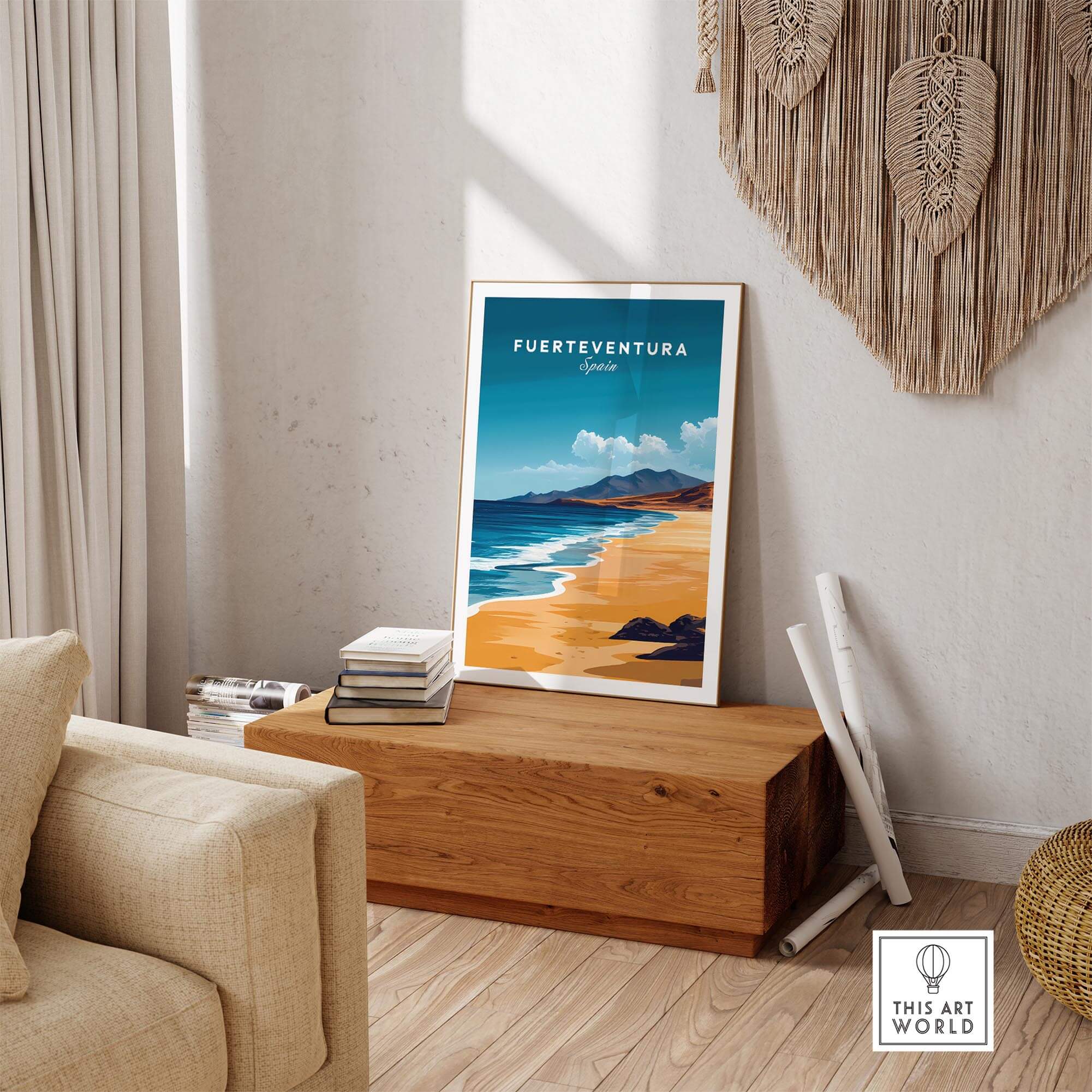 Fuerteventura Travel Print showcasing vibrant beaches of Spain in a stylish living room setting.