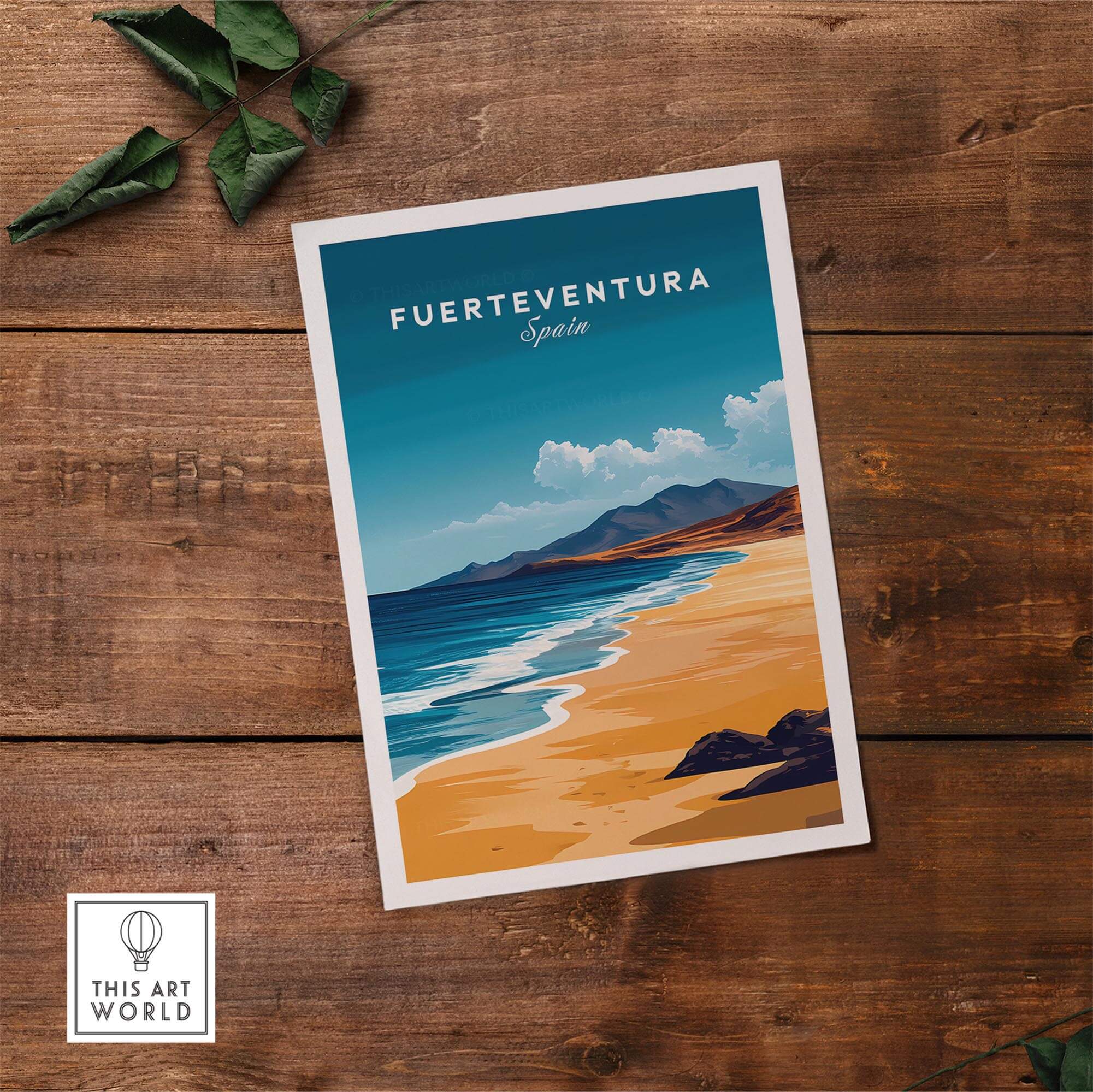 Fuerteventura Travel Print showcasing the beautiful beaches of Fuerteventura, Spain in vibrant colors.