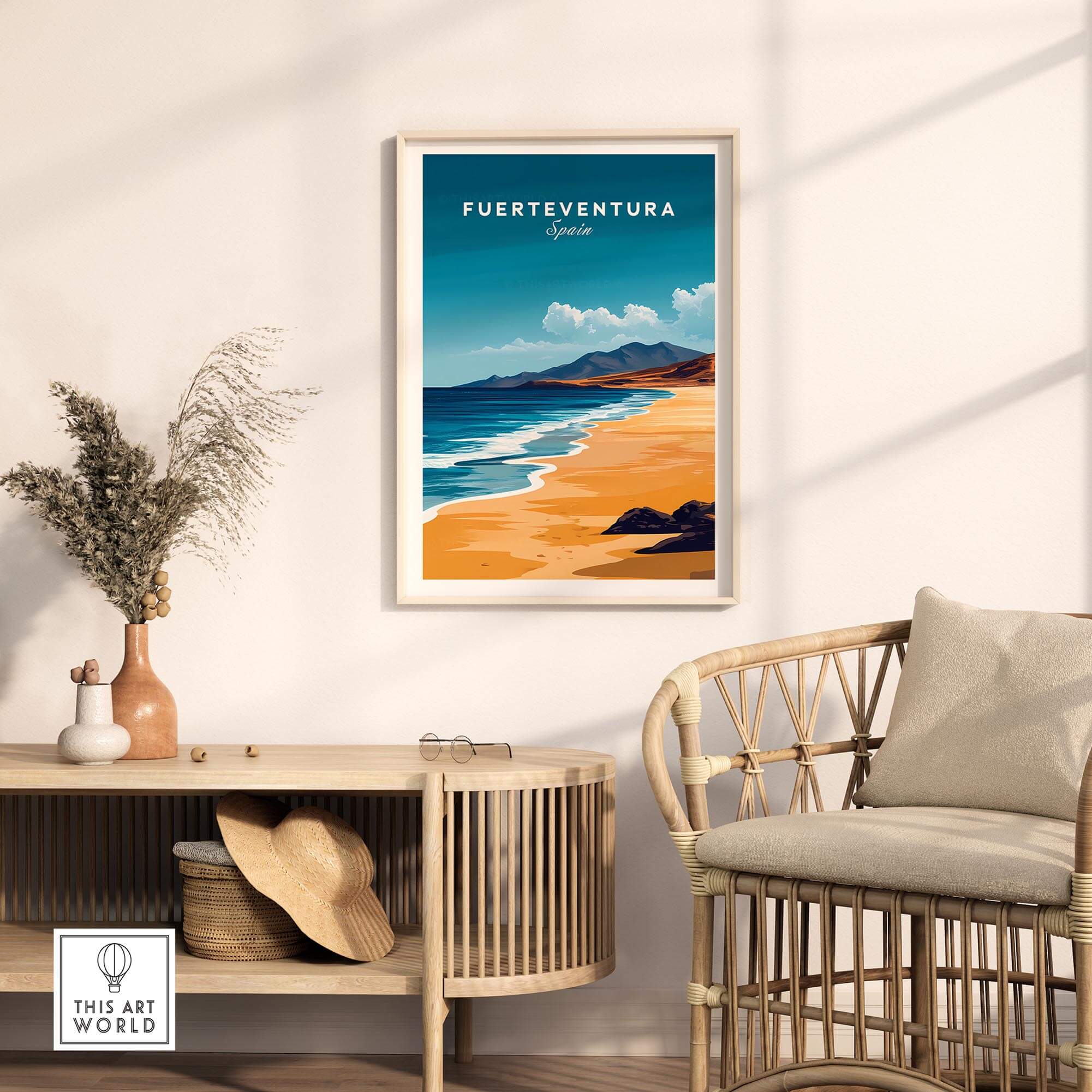 Fuerteventura Travel Print showcasing the vibrant beaches and scenery of Fuerteventura, Spain.