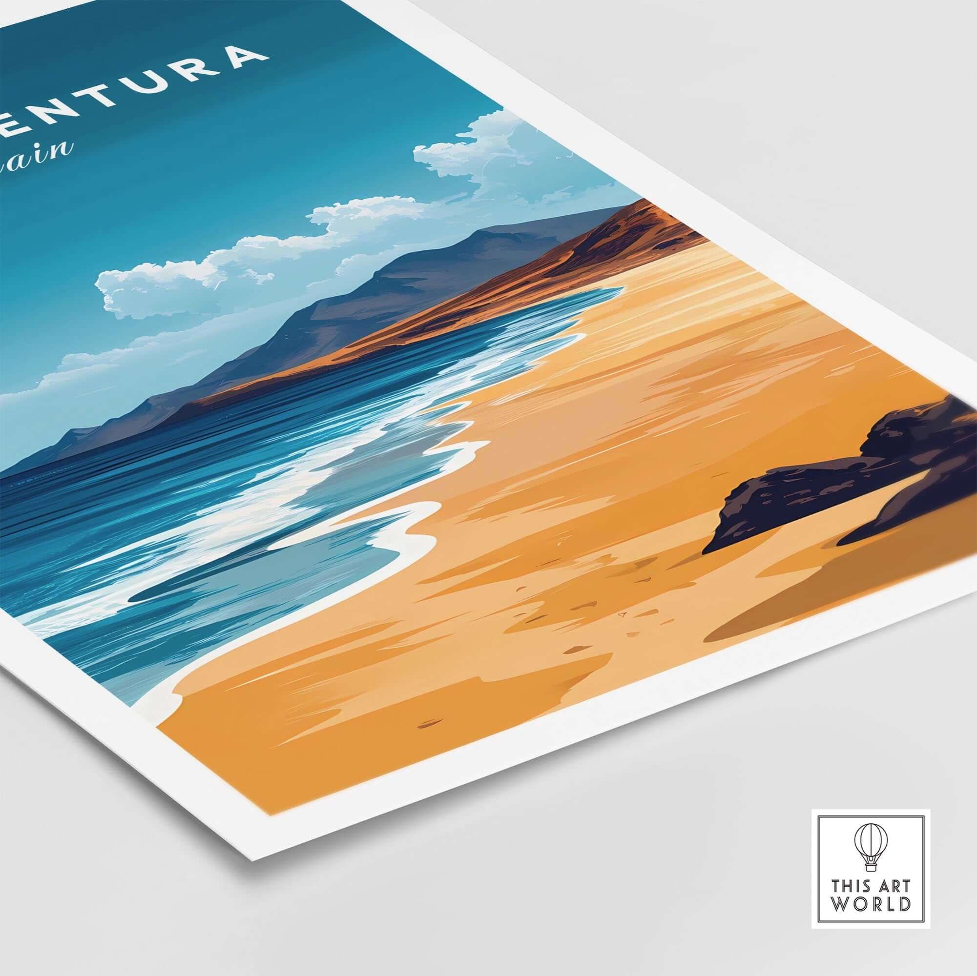 Fuerteventura Travel Print showcasing vibrant beach scenery, perfect for enhancing home decor.