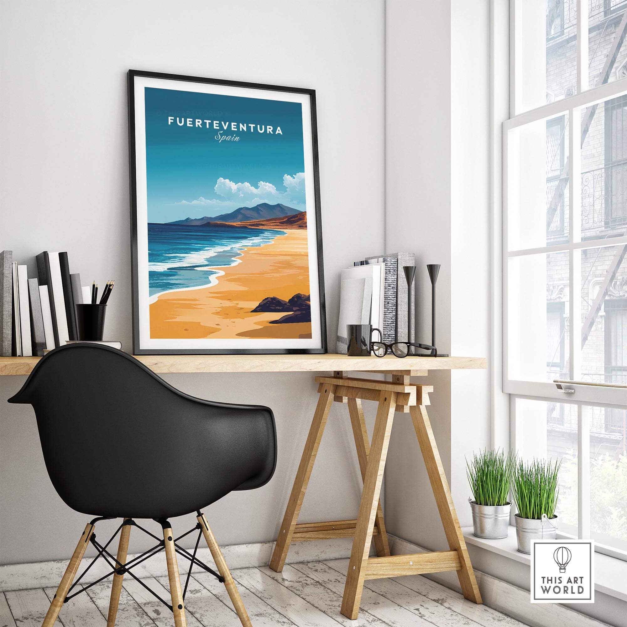 Fuerteventura Travel Print showcasing vibrant beaches in a stylish home office setting.