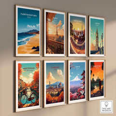 Fuerteventura Travel Print and various city posters arranged in a stylish gallery wall display.