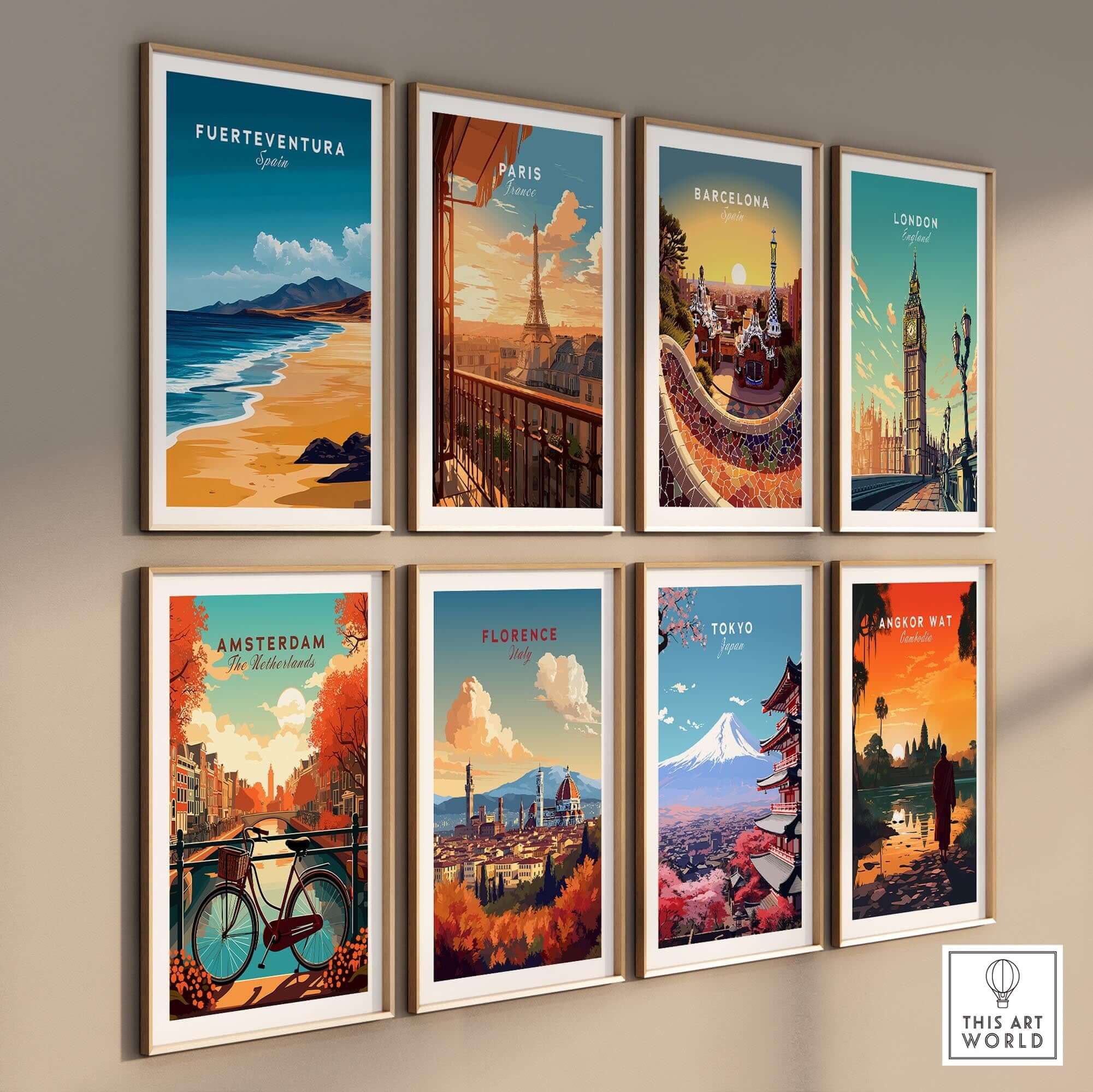 Fuerteventura Travel Print and various city posters arranged in a stylish gallery wall display.