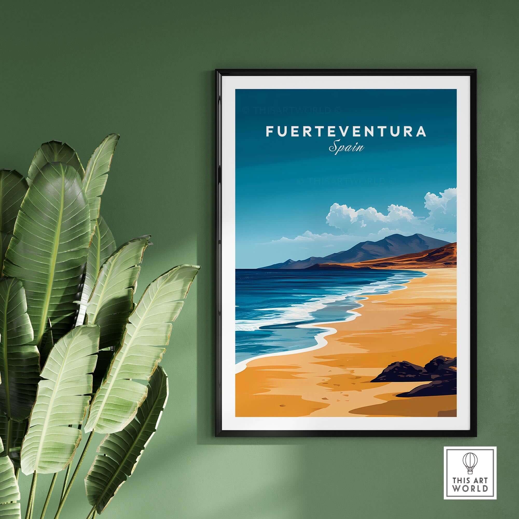 Fuerteventura Travel Print showcasing vibrant beaches and mountains of Spain bringing wanderlust to your home decor.