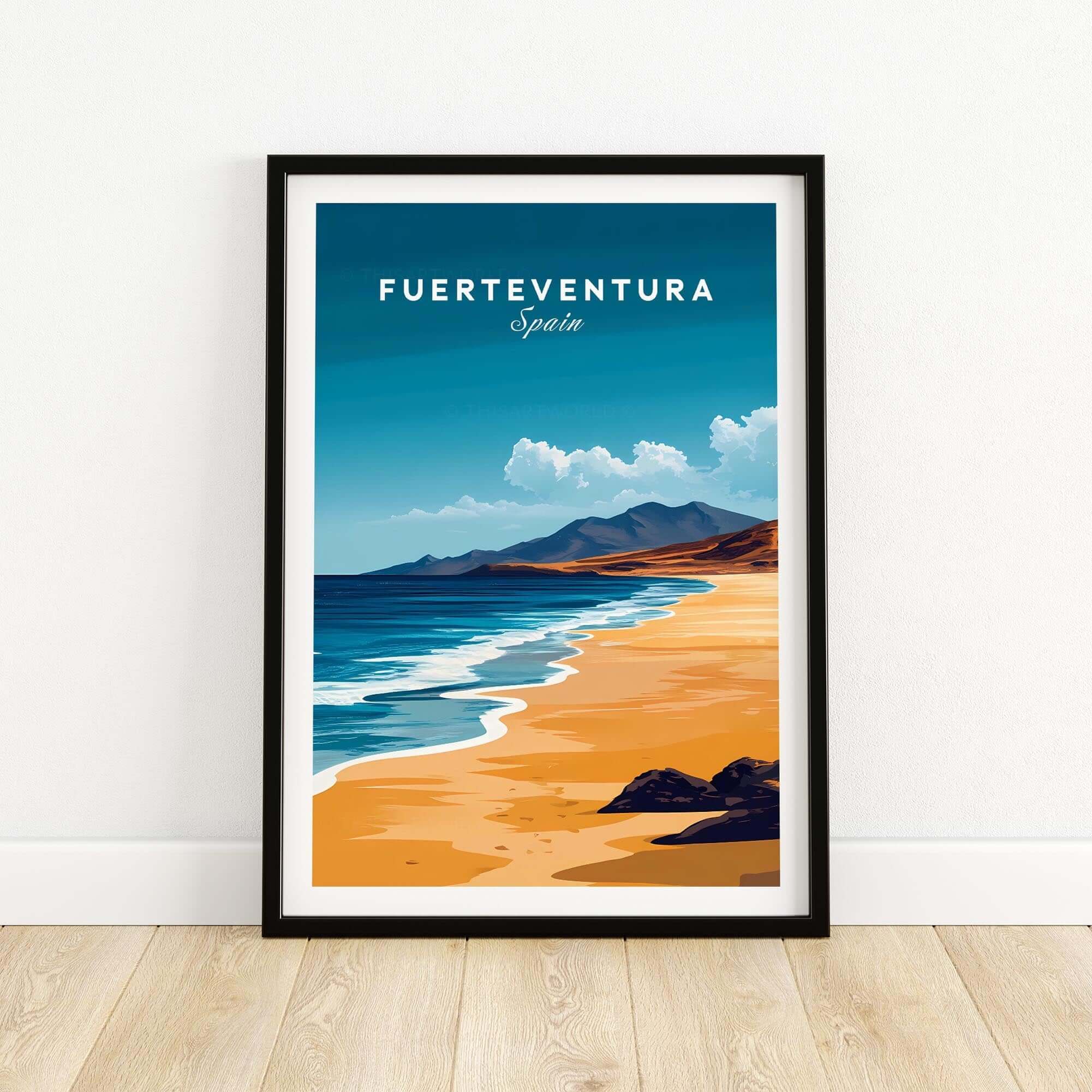 Fuerteventura Travel Print showcasing vibrant beaches of Spain with a stunning ocean view.
