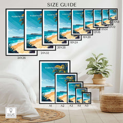 Fuerteventura Wall Art size guide showcasing different poster dimensions and designs of Fuerteventura.