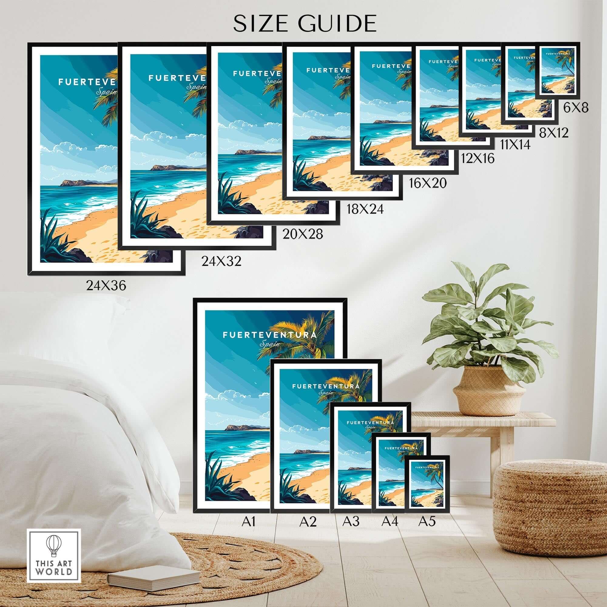 Fuerteventura Wall Art size guide showcasing different poster dimensions and designs of Fuerteventura.