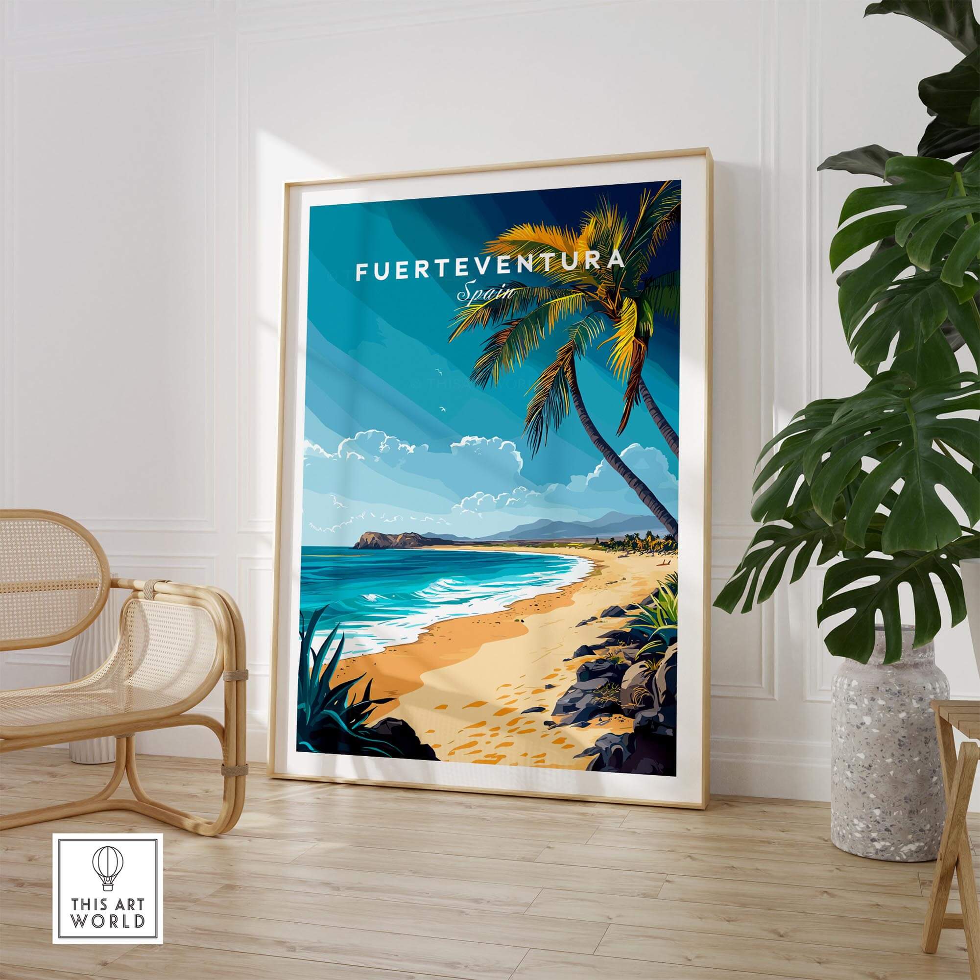 Fuerteventura Wall Art poster featuring a beach scene with palm trees and ocean views.