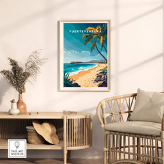 Fuerteventura Wall Art poster featuring palm trees and a beach scene, enhancing home decor with Canary Islands beauty.