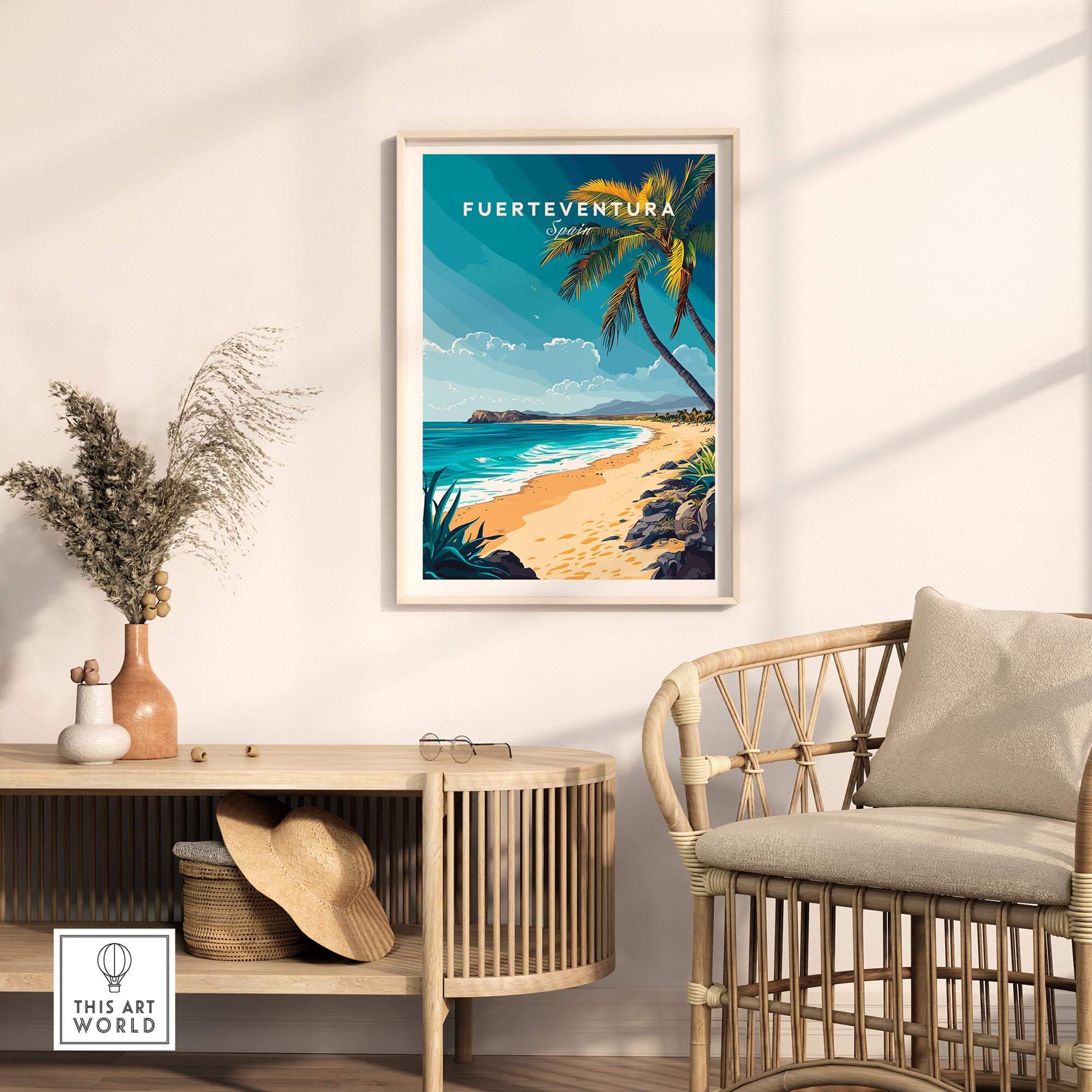Fuerteventura Wall Art poster featuring palm trees and a beach scene, enhancing home decor with Canary Islands beauty.