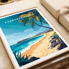 Fuerteventura Wall Art featuring a stunning beach scene with palm trees and vibrant colors capturing the essence of the Canary Islands.