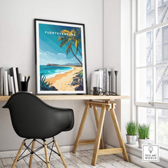 Fuerteventura Wall Art featuring a beach scene with palm trees and blue waters in a stylish interior setting.