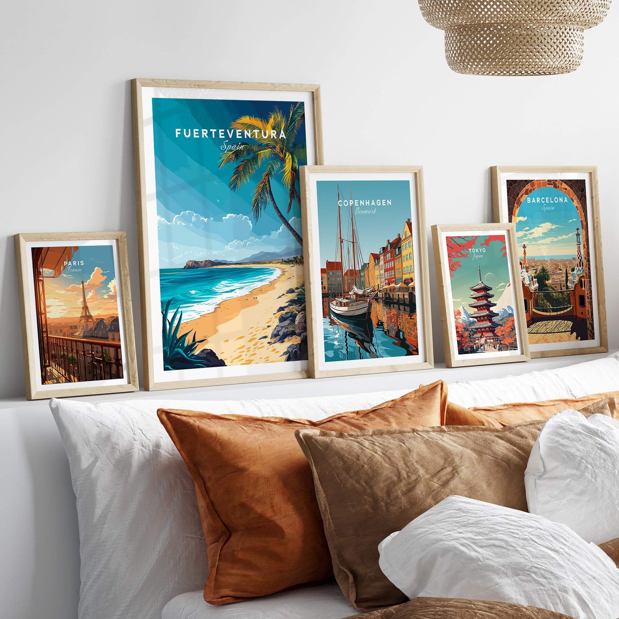 Fuerteventura Wall Art featuring vibrant travel posters and coastal scenery displayed in stylish frames.