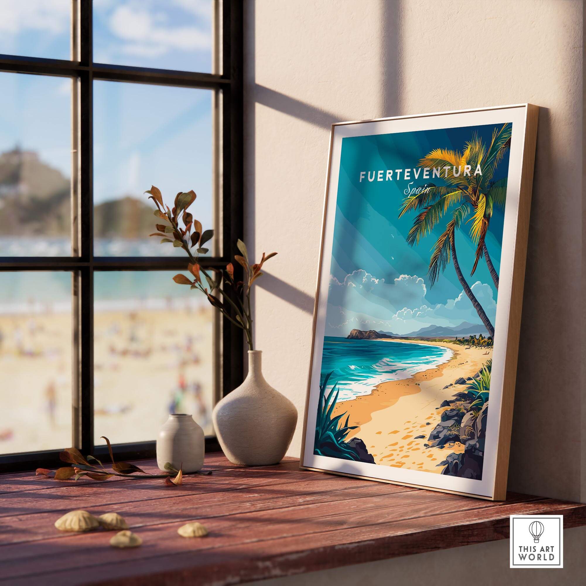 Fuerteventura Wall Art featuring a tropical beach scene with palm trees and vibrant colors in a framed poster.