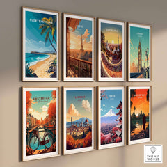 Fuerteventura Wall Art featuring vibrant travel posters of various cities including Fuerteventura, Paris, and Tokyo.