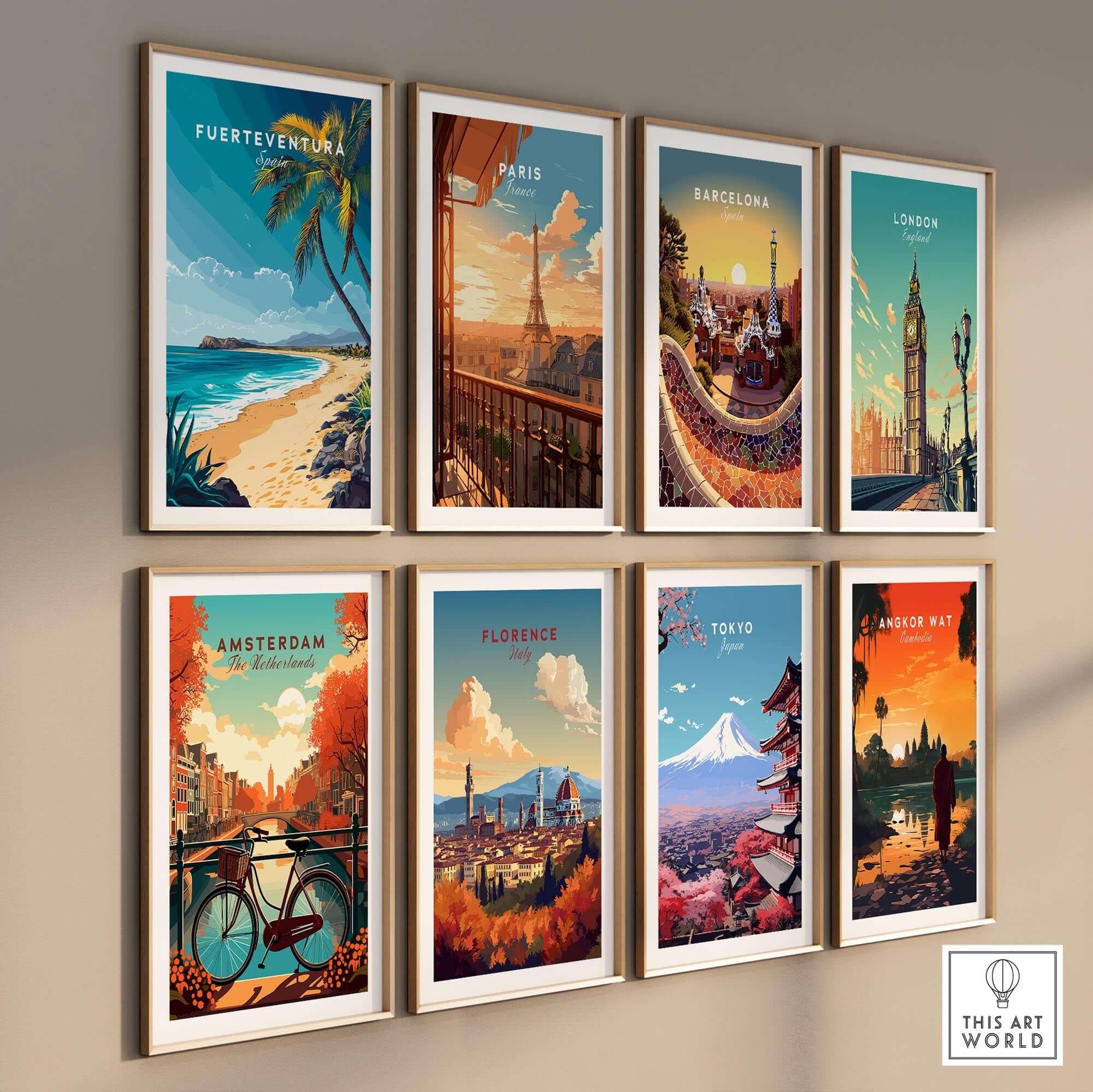 Fuerteventura Wall Art featuring vibrant travel posters of various cities including Fuerteventura, Paris, and Tokyo.