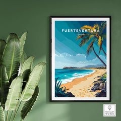 Fuerteventura Wall Art featuring a beach scene with palm trees and blue waters of Fuerteventura, Spain.