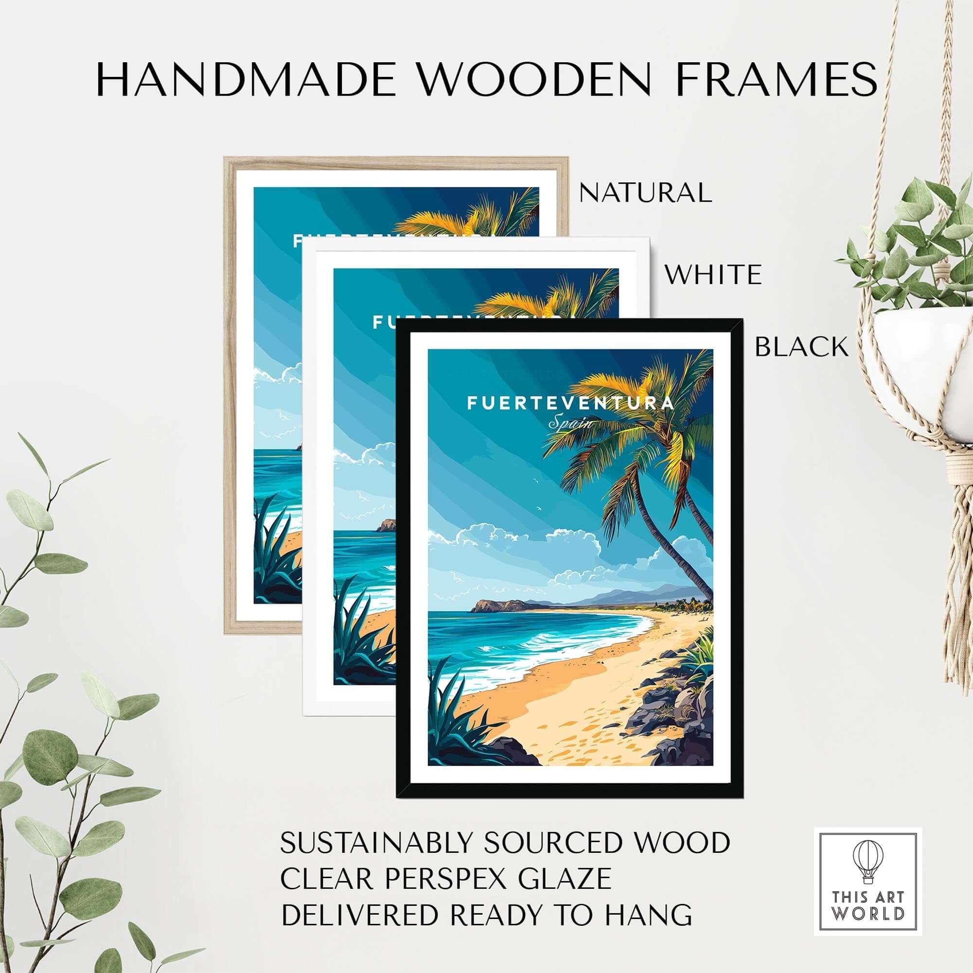 Fuerteventura Wall Art displayed in handmade wooden frames, including natural, white, and black options.