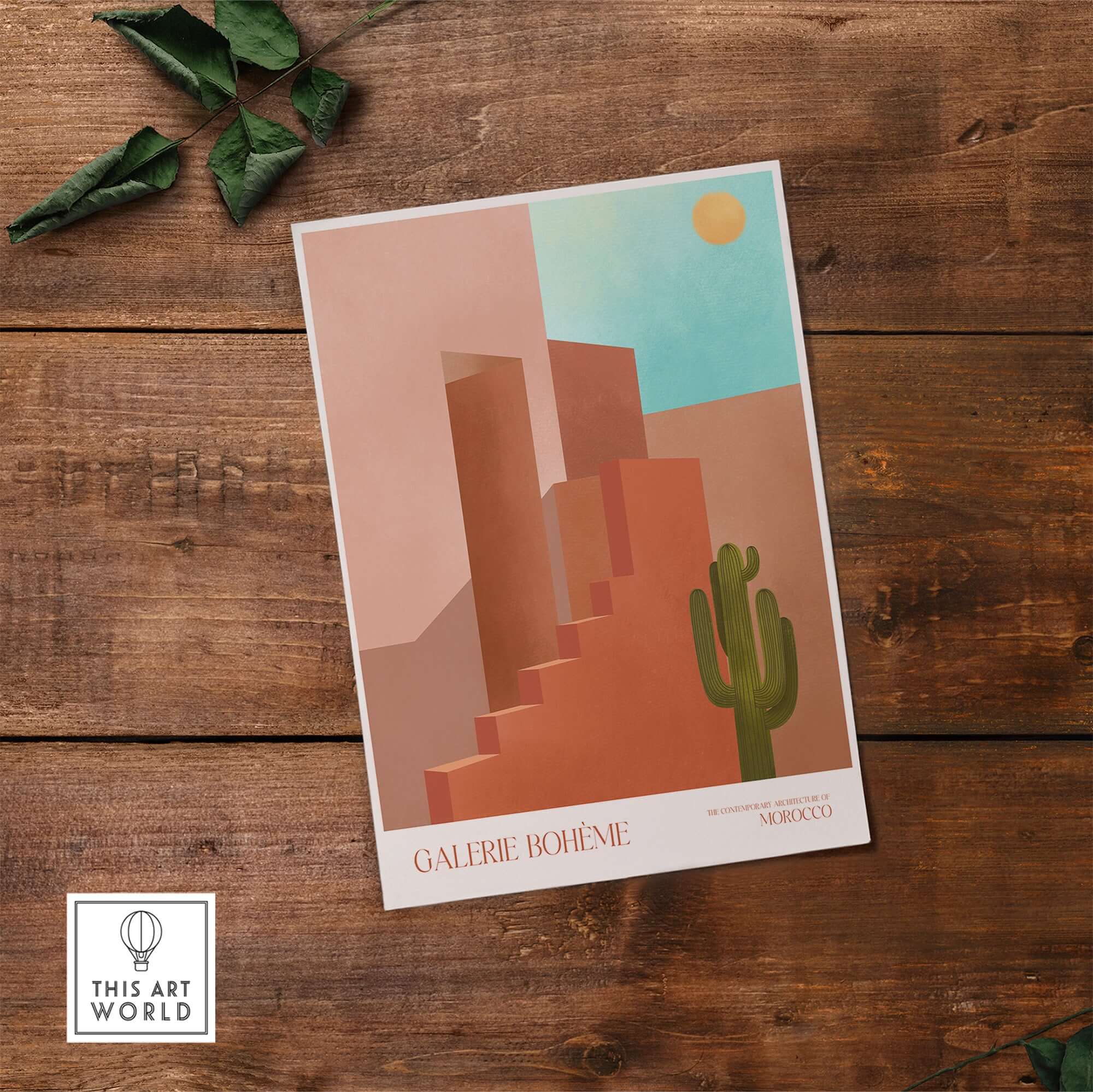 Galerie Bohème Abstract Moroccan Stairs Cactus Poster Desert Wall Art Print on wooden background.