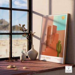 Galerie Bohème Abstract Moroccan Stairs Cactus Poster Desert Wall Art Print displayed on a windowsill.