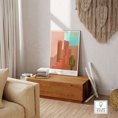 Galerie Bohème Abstract Moroccan Stairs Cactus Poster Desert Wall Art Print displayed in a modern living room setting.