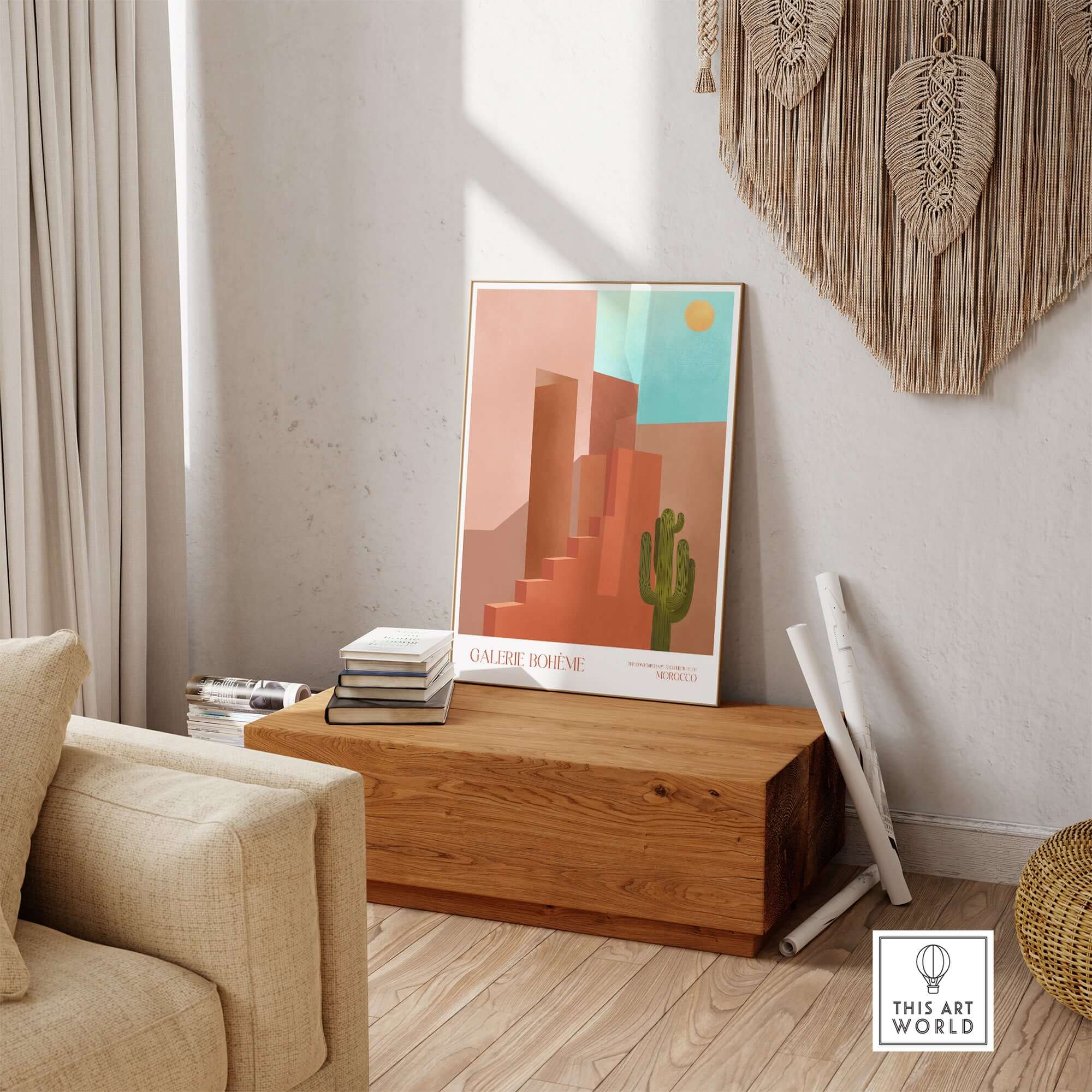 Galerie Bohème Abstract Moroccan Stairs Cactus Poster Desert Wall Art Print displayed in a modern living room setting.