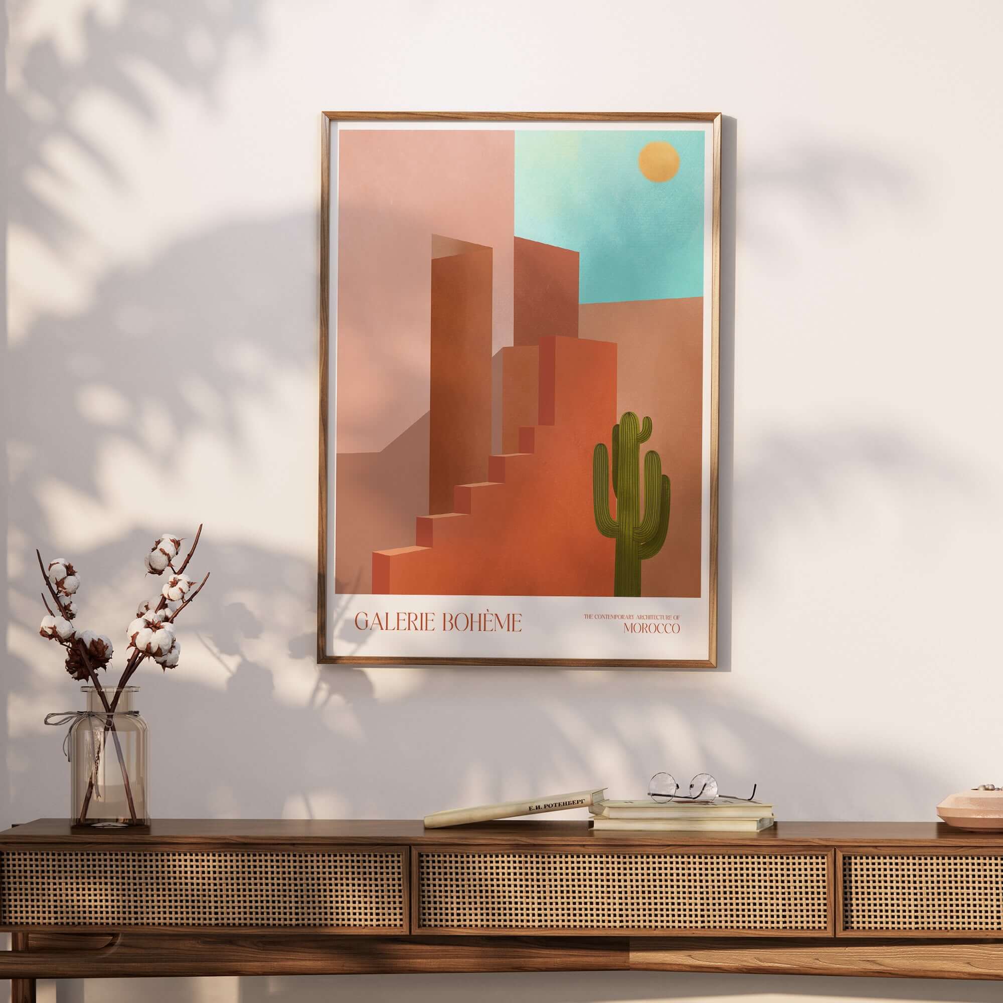 Galerie Bohème Abstract Moroccan Stairs Cactus Poster Desert Wall Art Print displayed in a stylish interior setting.