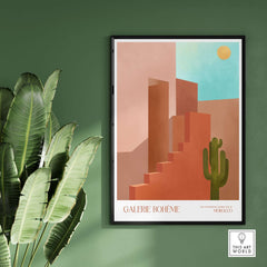 Galerie Bohème Abstract Moroccan Stairs Cactus Poster Desert Wall Art Print displayed on a green wall.