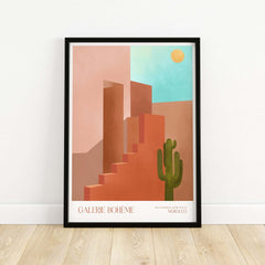 Galerie Bohème Abstract Moroccan Stairs Cactus Poster Desert Wall Art Print framed on a wooden floor.