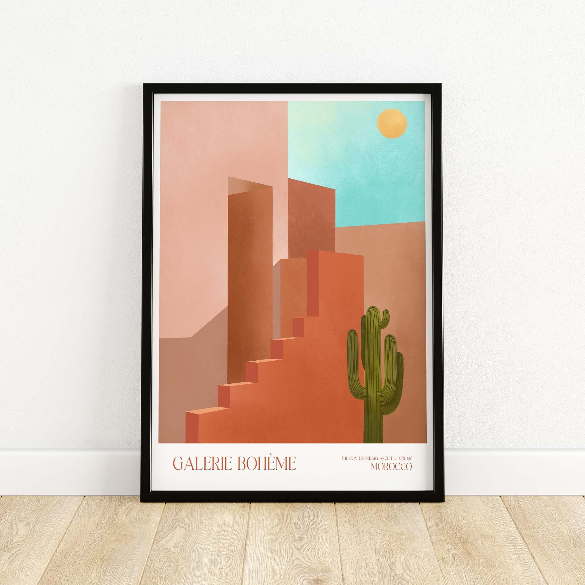 Galerie Bohème Abstract Moroccan Stairs Cactus Poster Desert Wall Art Print framed on a wooden floor.